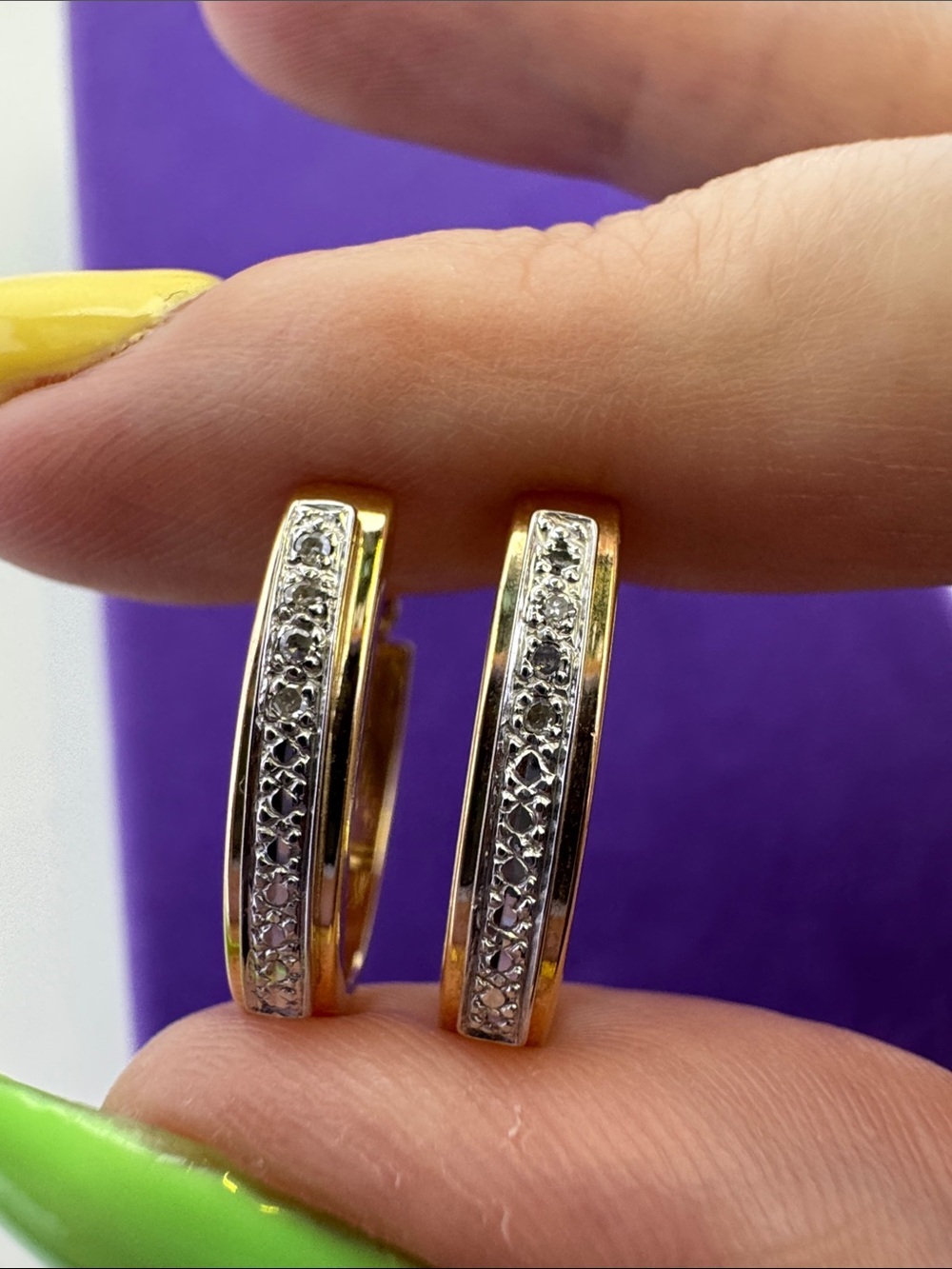 💛 Vintage 10k Two-Tone Gold Diamond Huggie Hoop Earrings | Sparkle Beauty